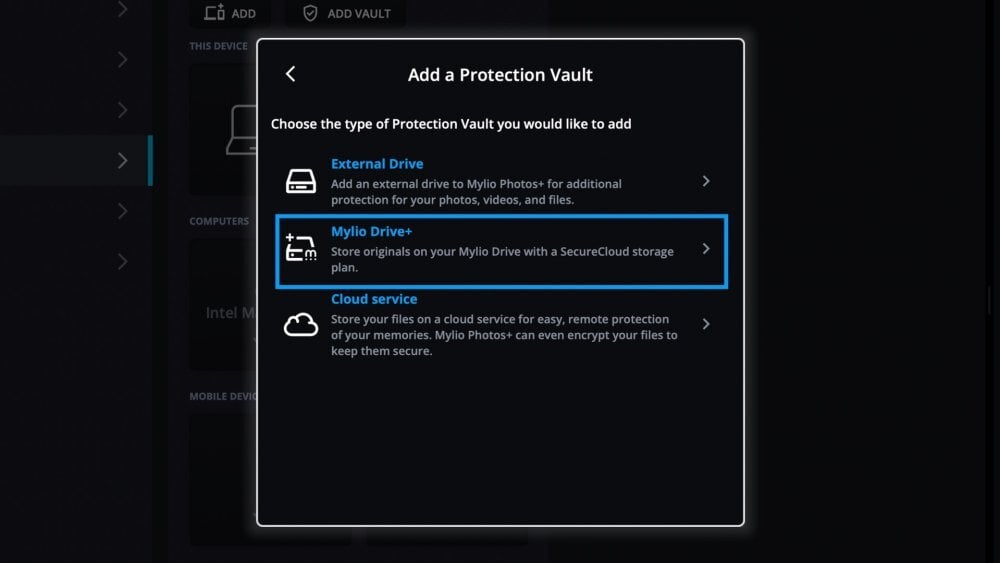 The "Add a Protection Vault" dialog with Mylio Drive+ outlined in blue between the External Drive and Cloud service options.