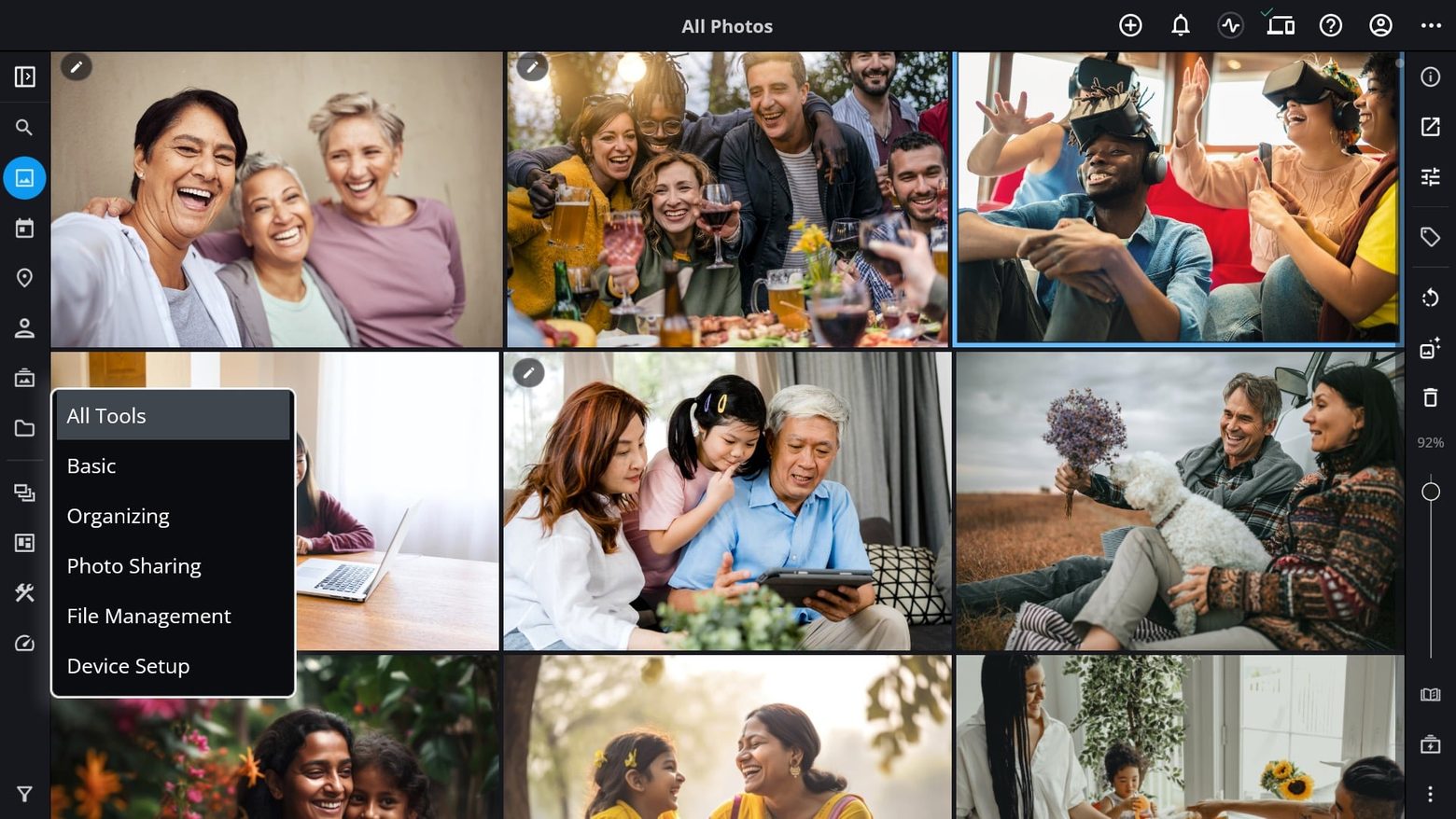 The Workflow menu open over All Photos, listing All Tools, Basic, Organizing, Photo Sharing, File Management and Device Setup.