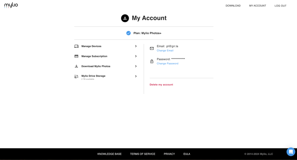 The My Account page on the Mylio website showing the Mylio Photos+ plan and links including Manage Subscription and Mylio Drive Storage.