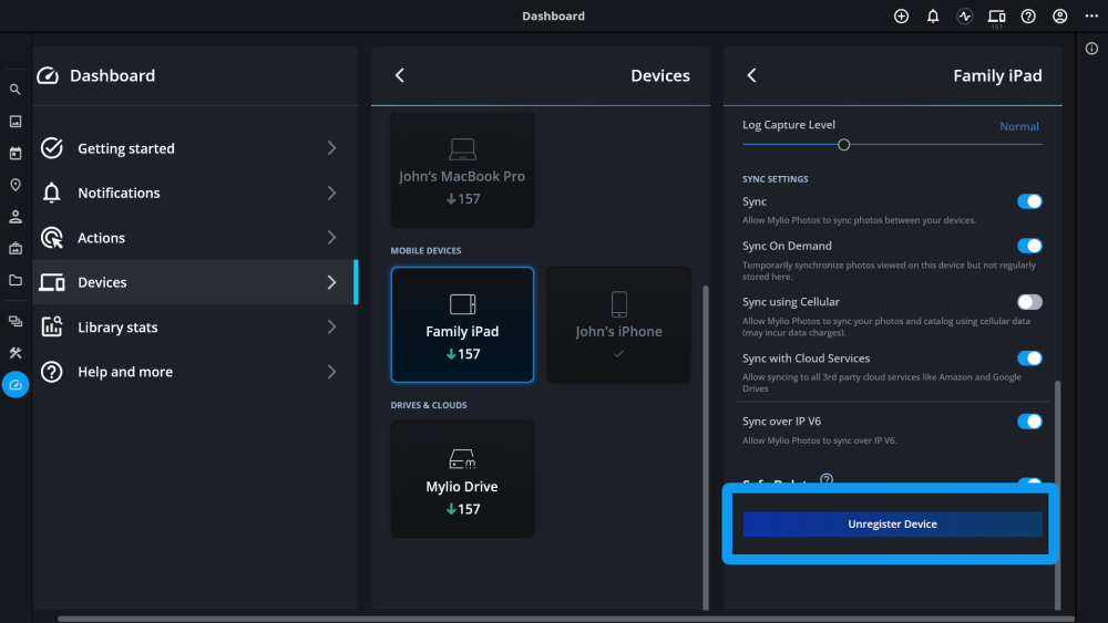 The Dashboard's settings for a Family iPad, scrolled to the bottom with the "Unregister Device" button outlined in blue.