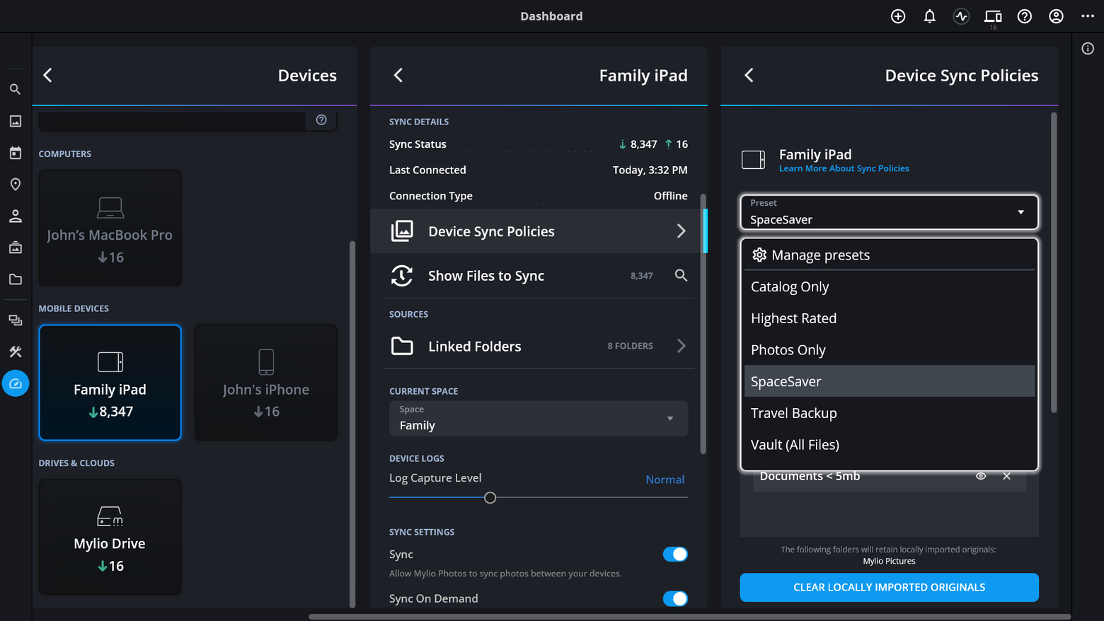 Device Sync Policies for a Family iPad, with the Preset list open and SpaceSaver chosen.