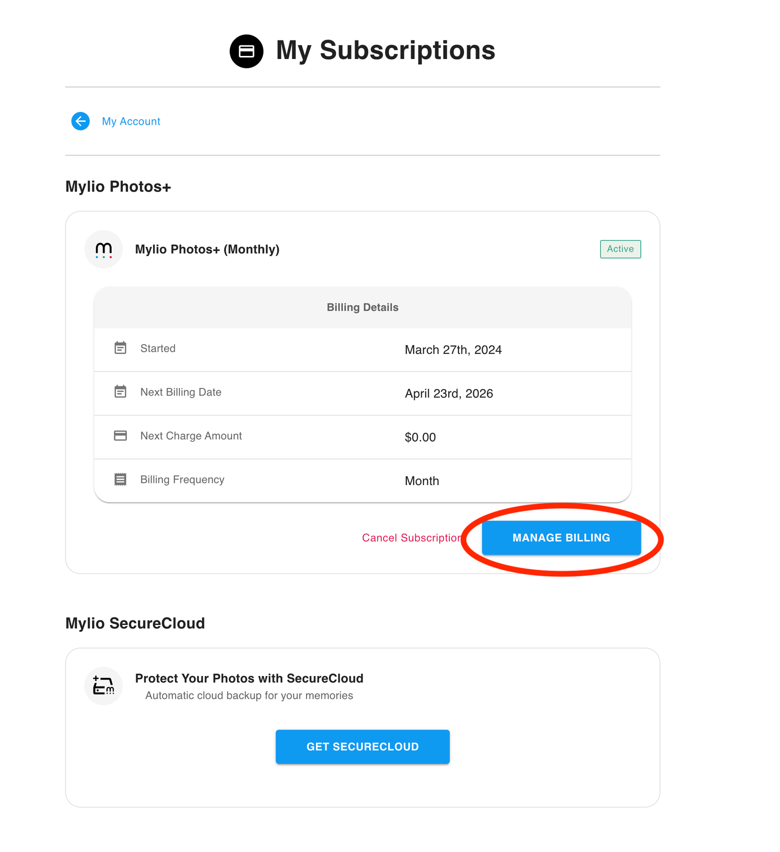 The My Subscriptions page showing Mylio Photos+ billing details, with the "Manage Billing" button circled.