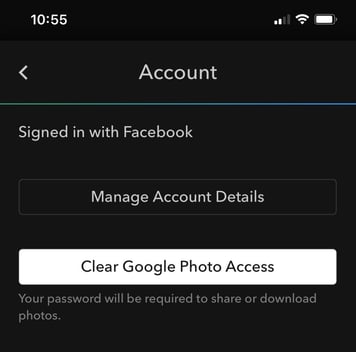 The Account screen on an iPhone showing "Signed in with Facebook" and a "Manage Account Details" button.