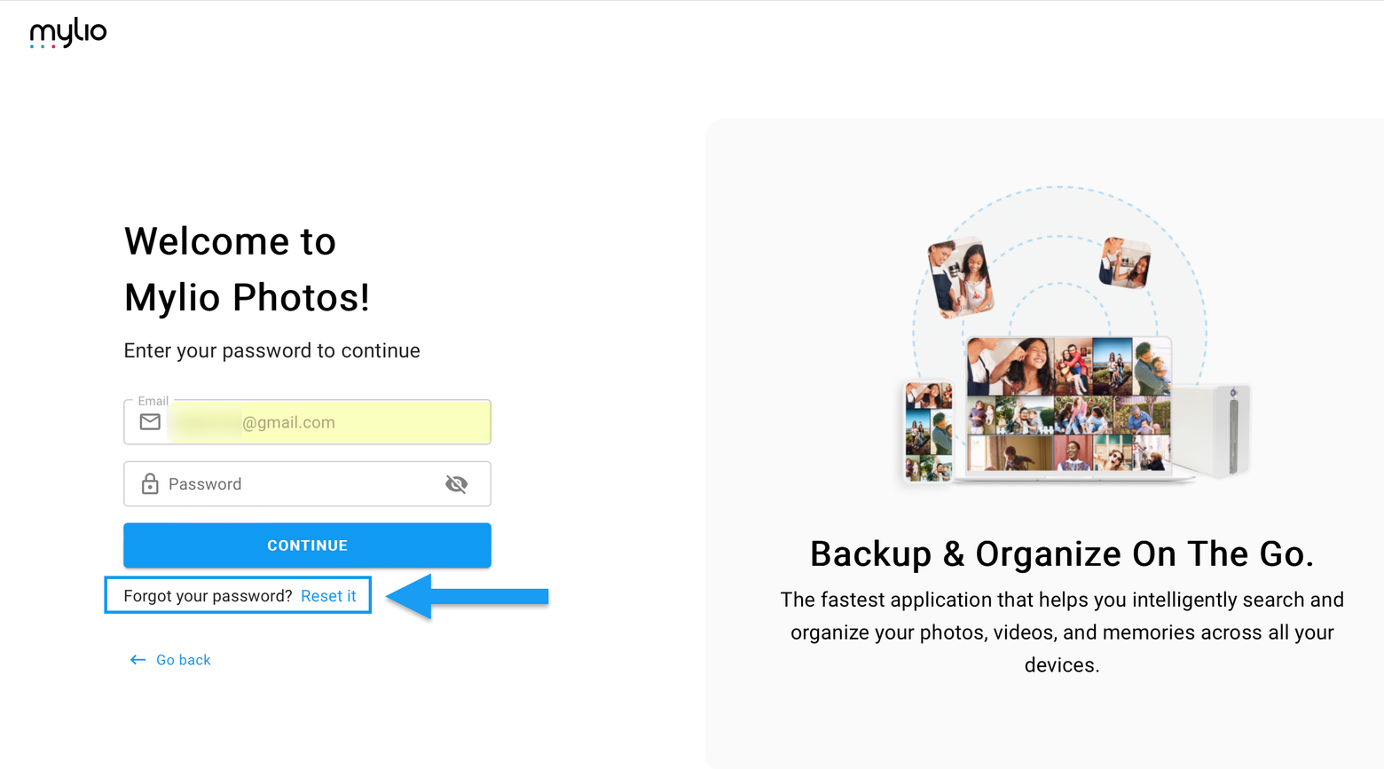 The Mylio Photos sign-in page asking for a password, with an arrow pointing to the "Forgot your password? Reset it" link.
