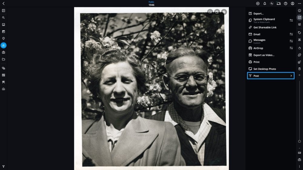 An old family photo open with the Share panel showing and the Post option outlined in blue.