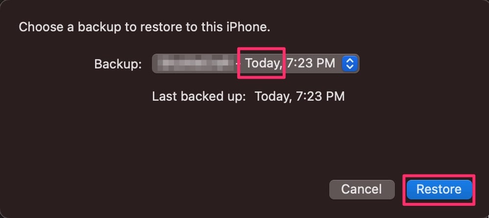 The "Choose a backup to restore to this iPhone" dialog, with today's backup date and the Restore button highlighted.