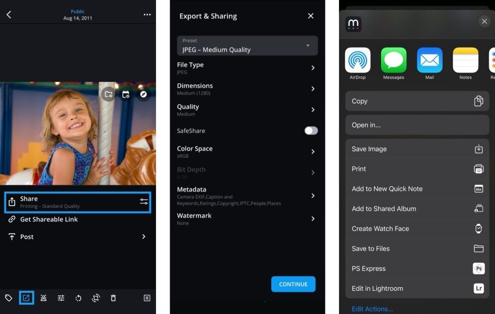 Three iPhone screens: the Share option highlighted under a photo, the Export & Sharing settings, and the iOS share sheet listing other apps.