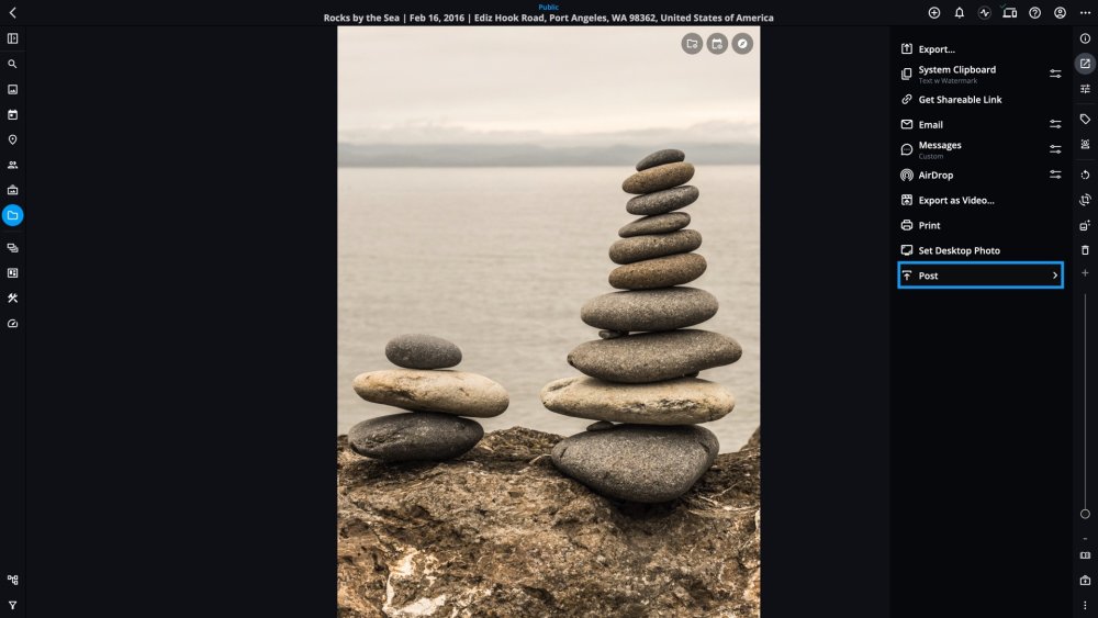 A photo open with the Share panel showing and the Post option outlined in blue.