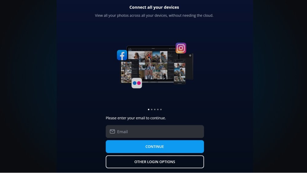 The Mylio Photos sign-in screen asking for an email, with Continue and "Other Login Options" buttons.
