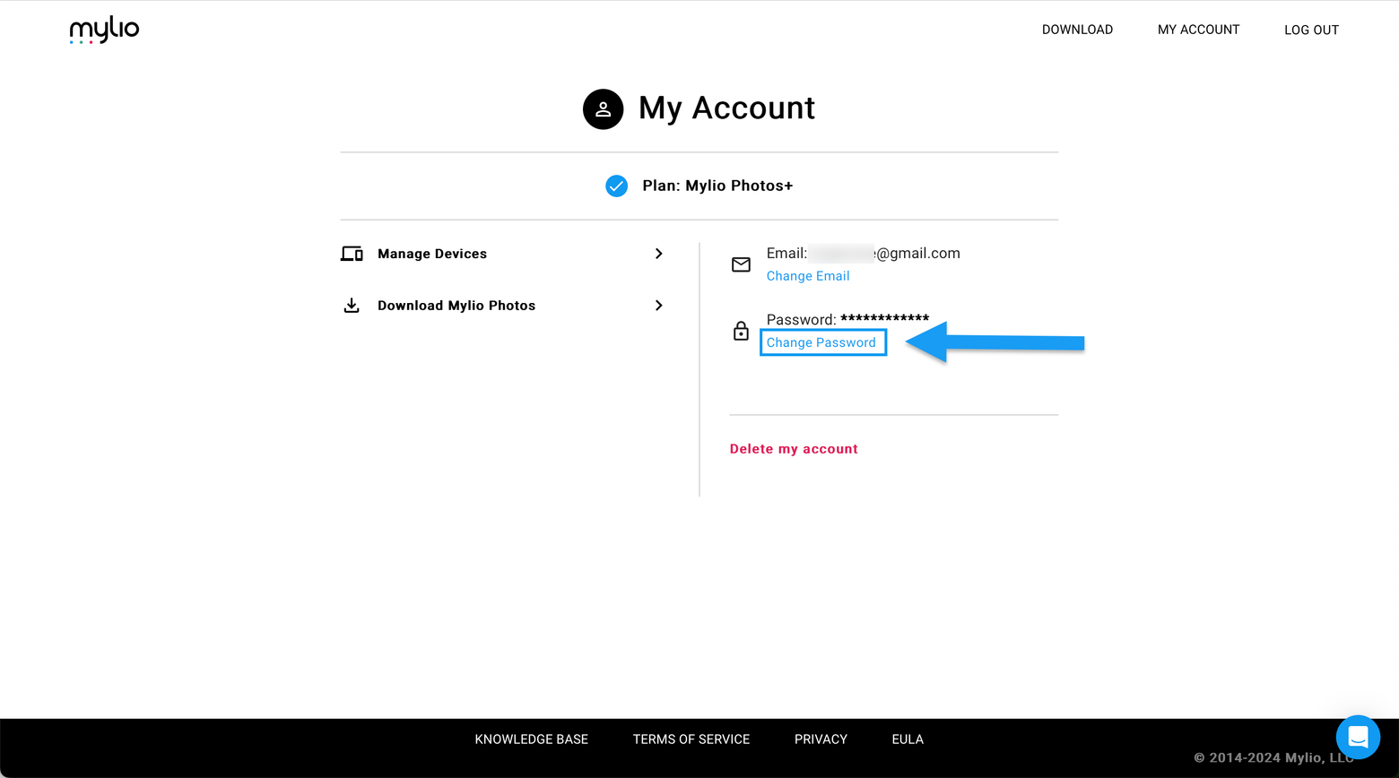 The My Account page on the Mylio website, with an arrow pointing to the "Change Password" link.
