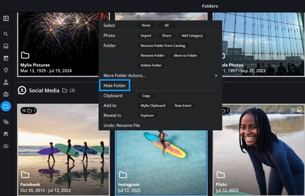 The Folders view with a folder's right-click menu open and "Hide Folder" outlined in blue.