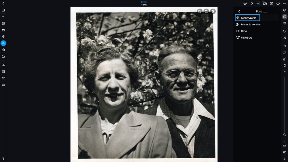 An old family photo open with the "Post to…" list in the Share panel and FamilySearch outlined in blue.