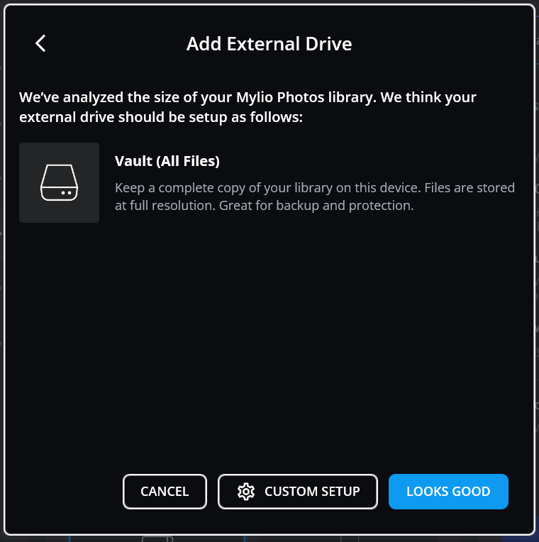 The Add External Drive dialog recommending "Vault (All Files)", with Cancel, Custom Setup and Looks Good buttons.
