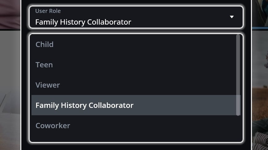 The User Role list open for a Space, with Family History Collaborator chosen from options including Child, Teen, Viewer and Coworker.