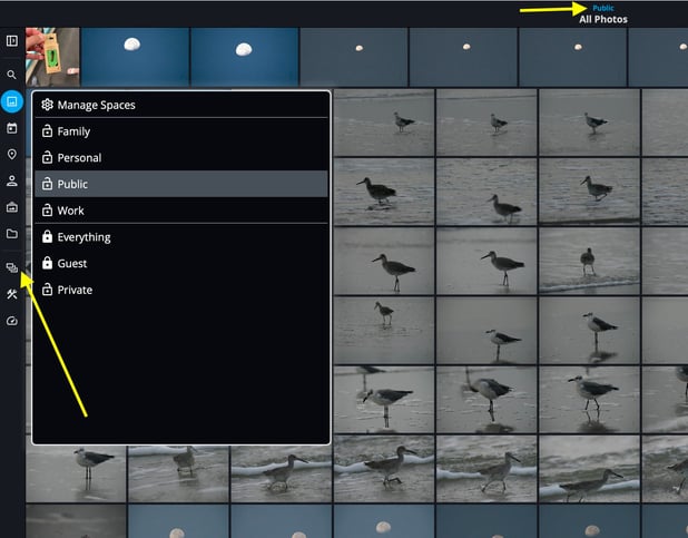 The Spaces selector open on a computer with Public chosen; arrows point to the Spaces icon in the sidebar and the Space name above All Photos.