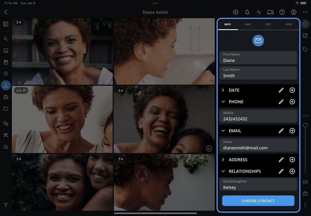A person's photos in the People view on an iPad, with the Info panel outlined in blue showing contact and relationship fields.