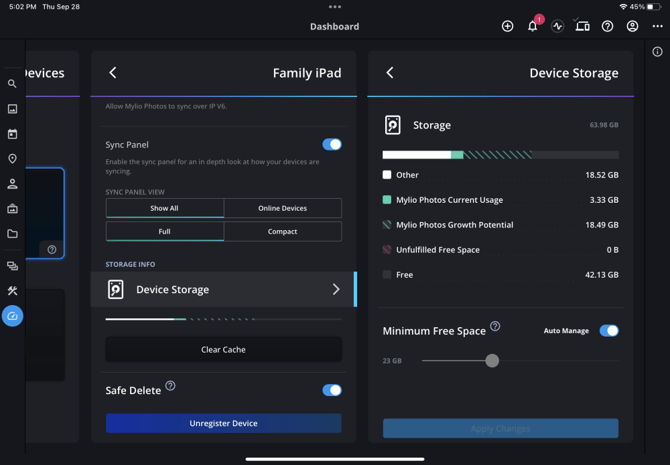 Device Storage for a Family iPad, showing a storage bar, the Minimum Free Space slider with Auto Manage on, and a Clear Cache button.