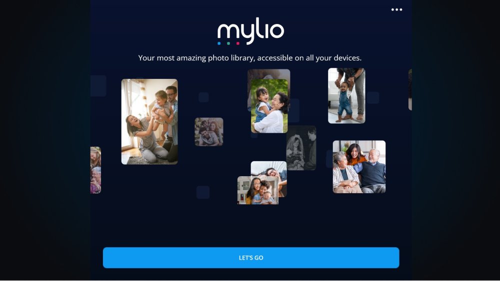 The Mylio Photos welcome screen, "Your most amazing photo library, accessible on all your devices," with a "Let's Go" button.