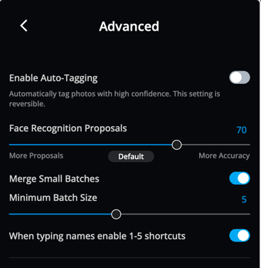 The Advanced settings for face tagging, with the "Face Recognition Proposals" slider at 70 and "Merge Small Batches" turned on.