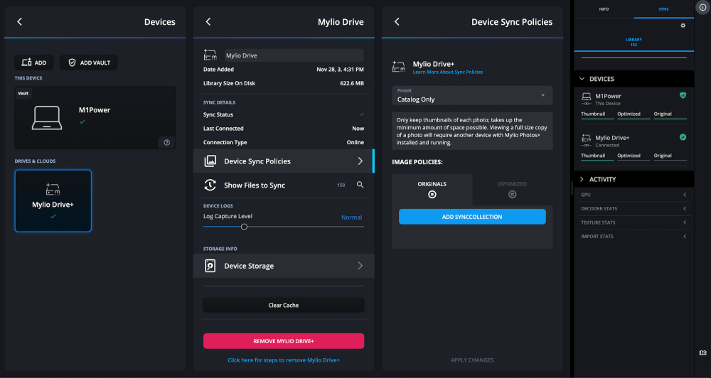 Mylio Drive+ selected under Drives & Clouds, with its Device Sync Policies set to Catalog Only and the red "Remove Mylio Drive+" button at the bottom of its panel.