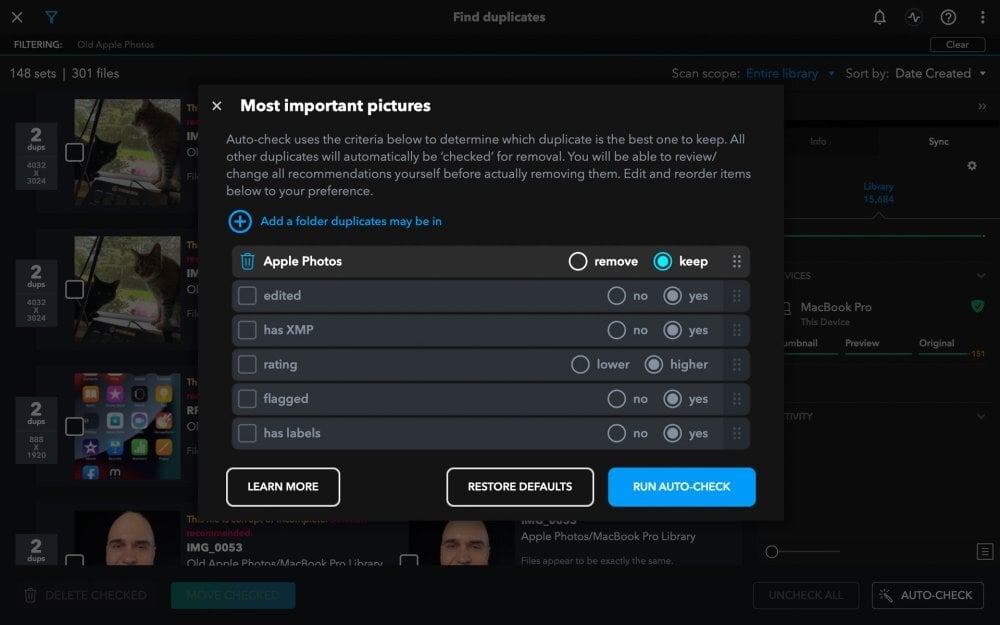 The "Most important pictures" Auto-Check dialog with the Apple Photos folder added at the top and set to keep, above the other criteria.
