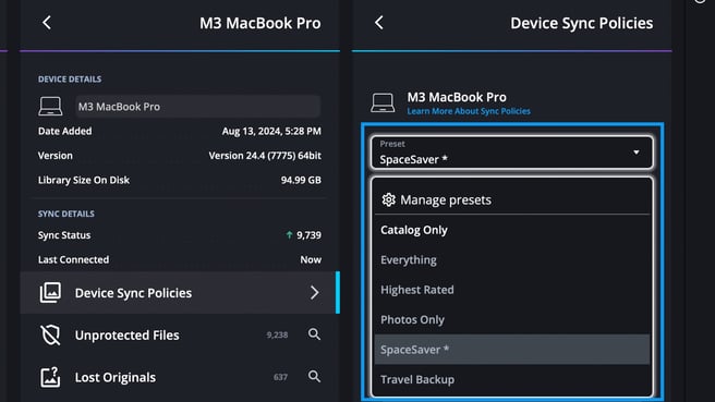 Device Sync Policies for a computer with the Preset list open, outlined in blue, showing Catalog Only, Everything, Highest Rated, Photos Only, SpaceSaver and Travel Backup.