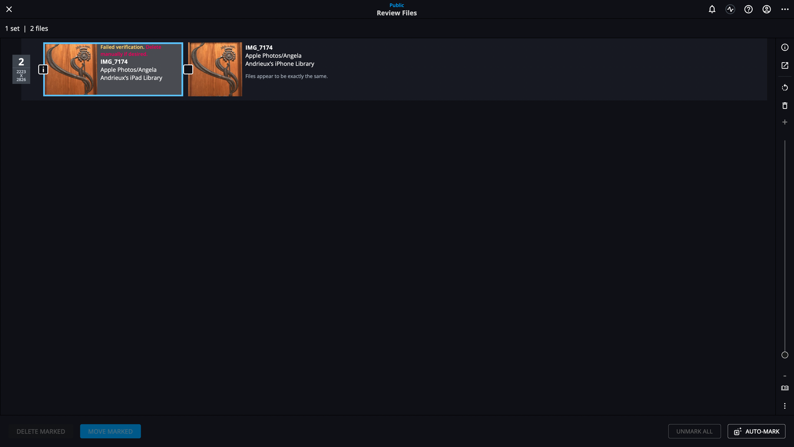 Photo DeDupe's Review Files screen with one duplicate marked "Failed verification. Delete manually if desired."