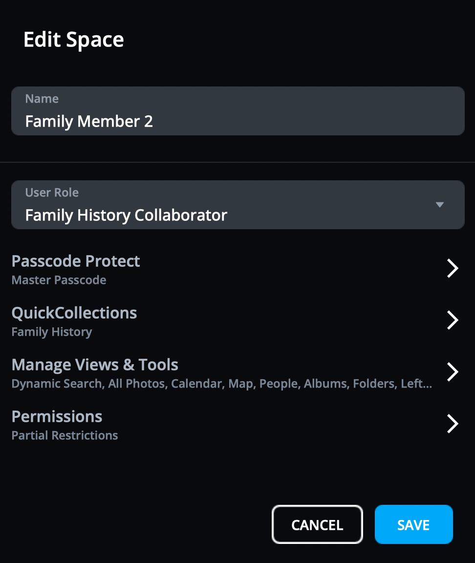 The Edit Space dialog for a family member's Space, with User Role set to Family History Collaborator.