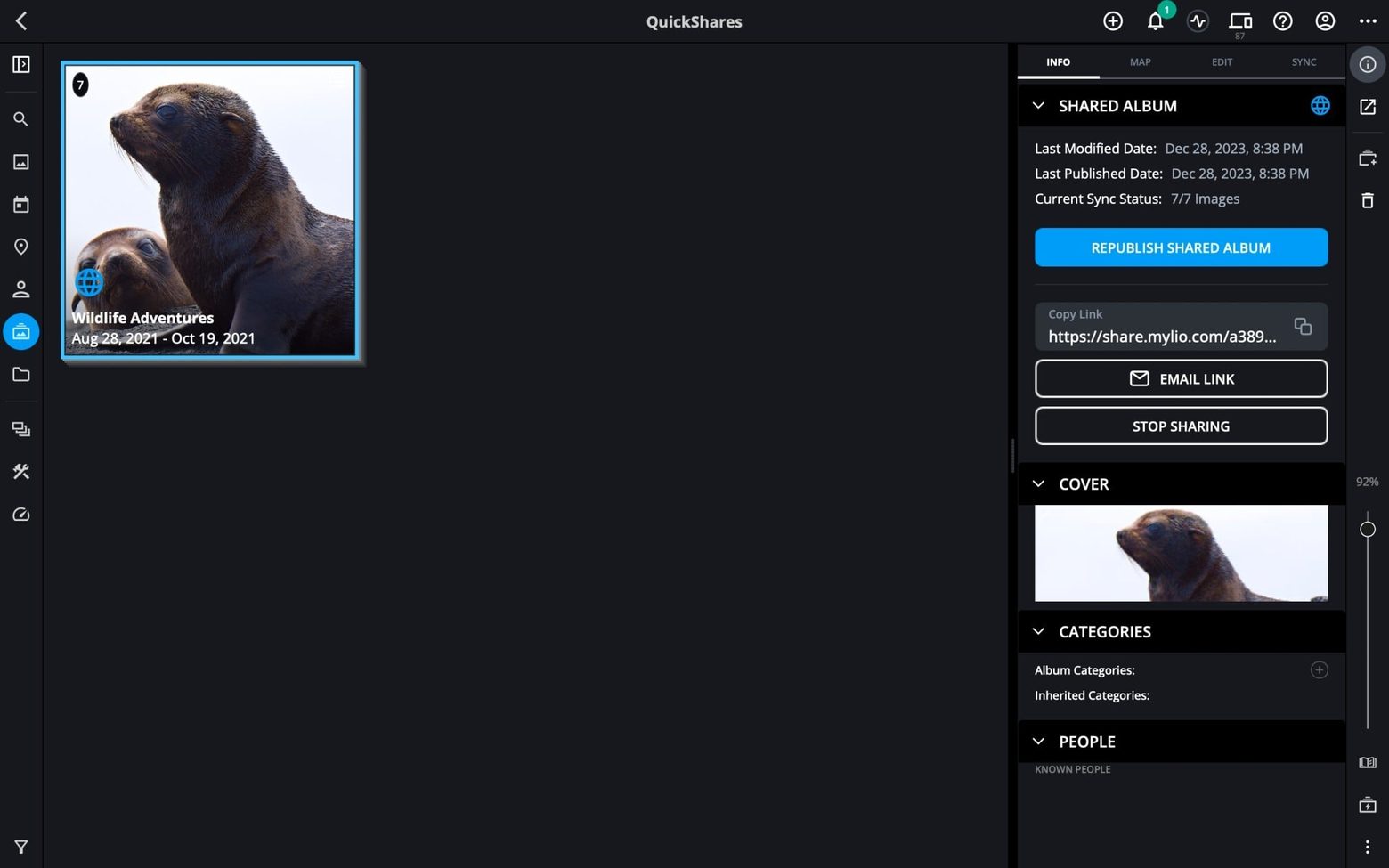 A shared album selected in QuickShares, with the Info panel showing its link and the Republish Shared Album, Email Link and Stop Sharing buttons.