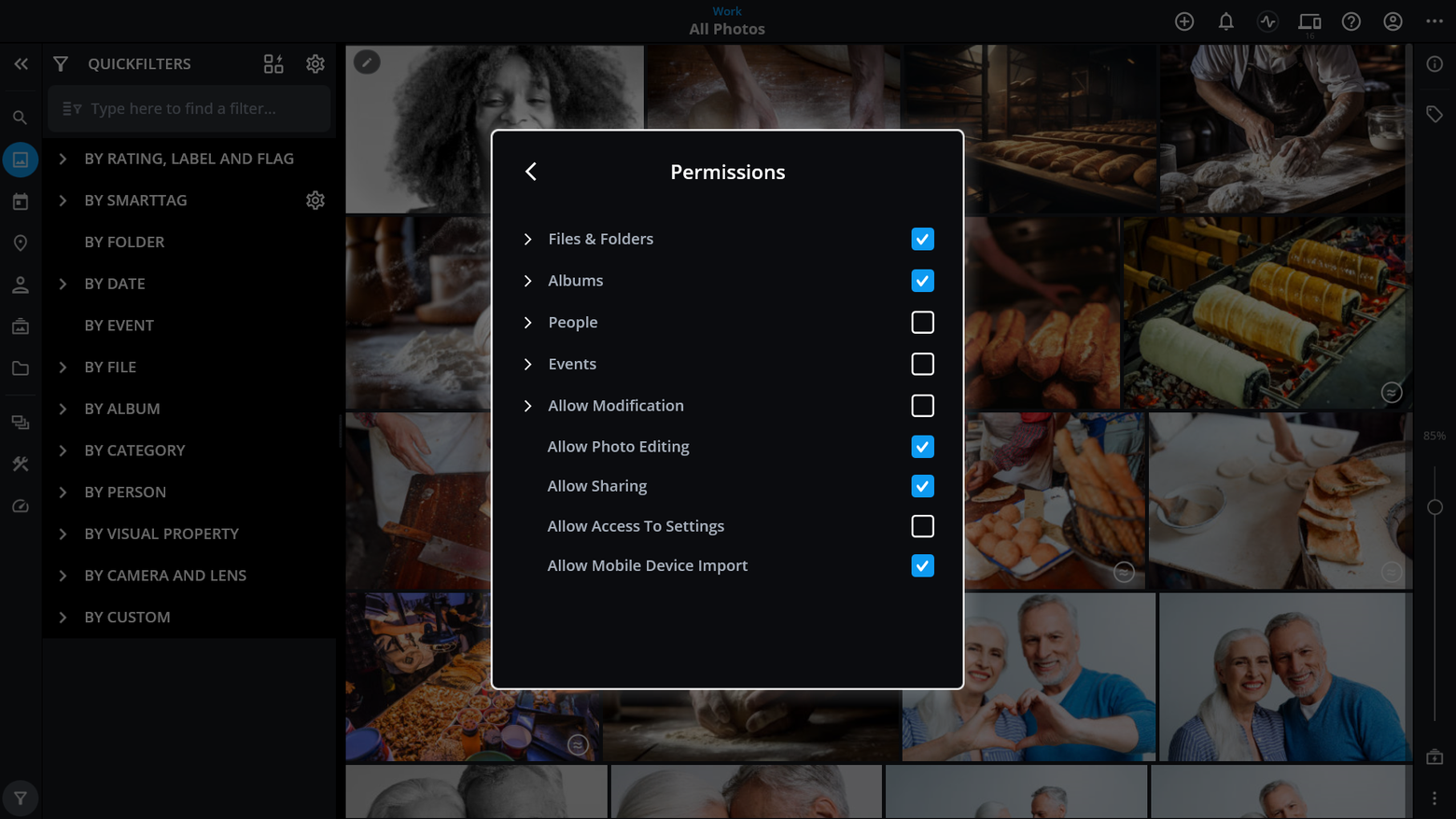The Permissions dialog for a Space, with checkboxes for Files & Folders, Albums, People, Events, Allow Modification, Allow Photo Editing, Allow Sharing and more.