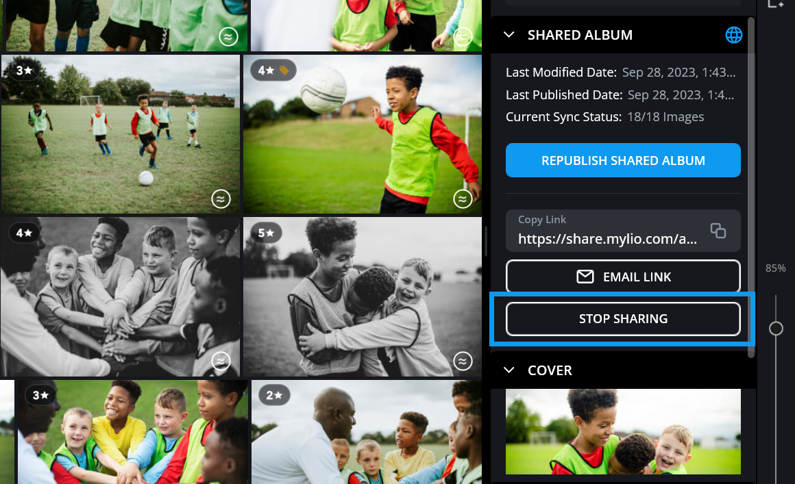 The Info panel for a shared album, with the "Stop Sharing" button outlined in blue below the shareable link and Email Link.