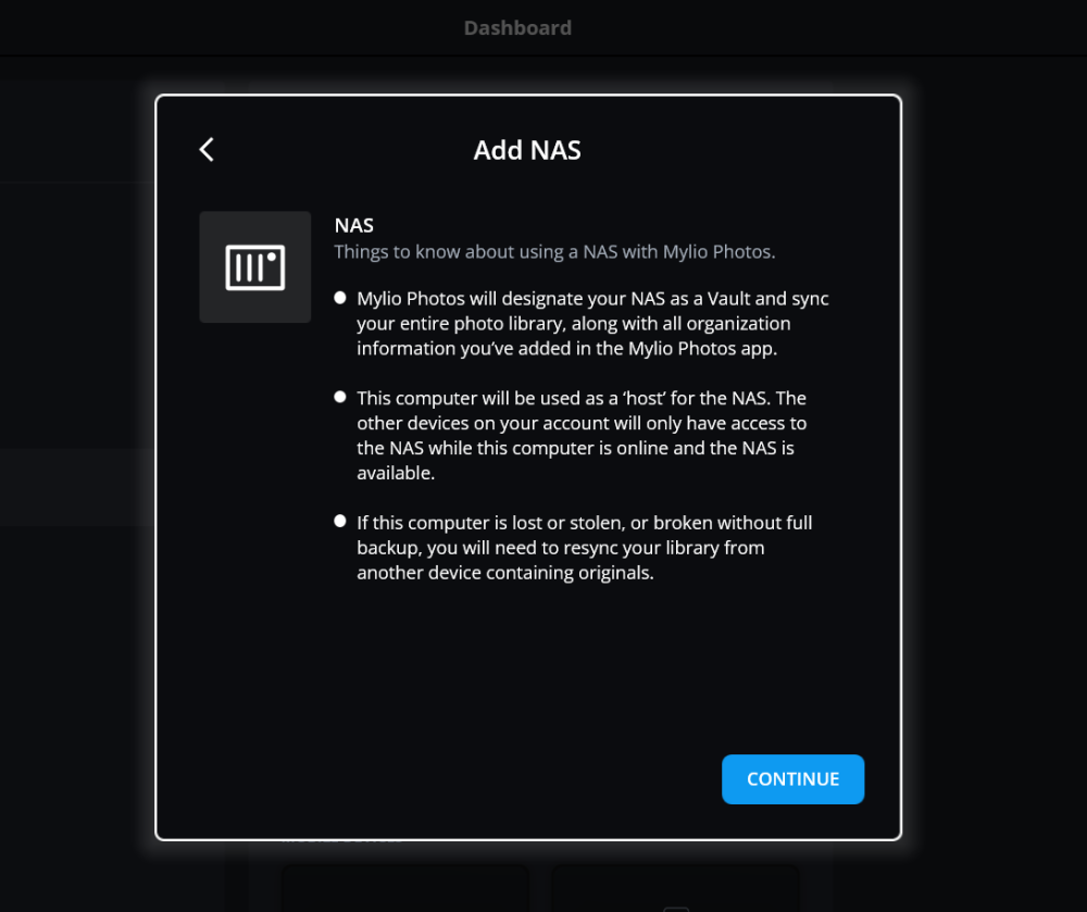 The Add NAS dialog listing things to know about using a NAS with Mylio Photos, with a Continue button.