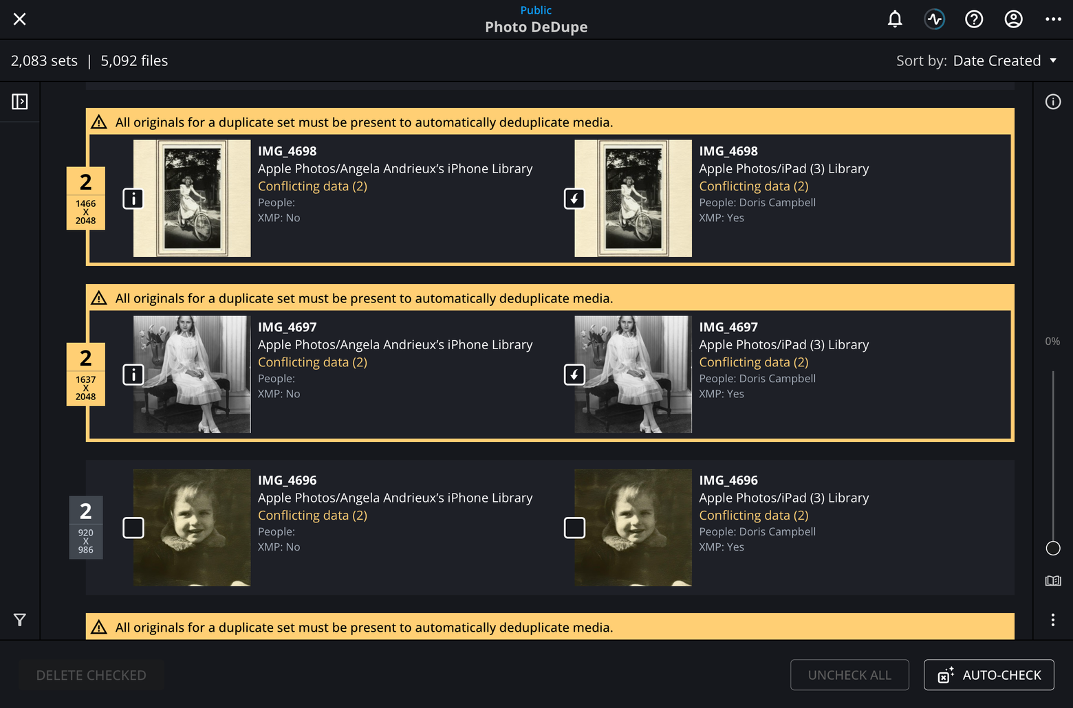 Photo DeDupe showing duplicate sets flagged with the yellow warning "All originals for a duplicate set must be present to automatically deduplicate media."