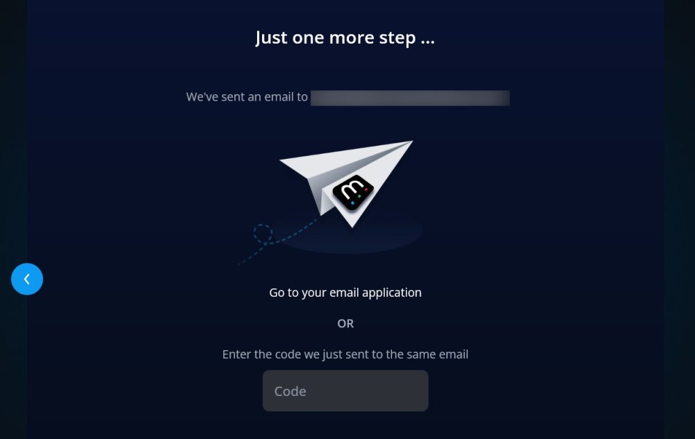 The "Just one more step" screen saying a sign-in email was sent, with a Code box for entering the code from that email.