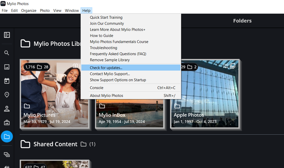 The Help menu in Mylio Photos on Windows with "Check for updates…" highlighted.