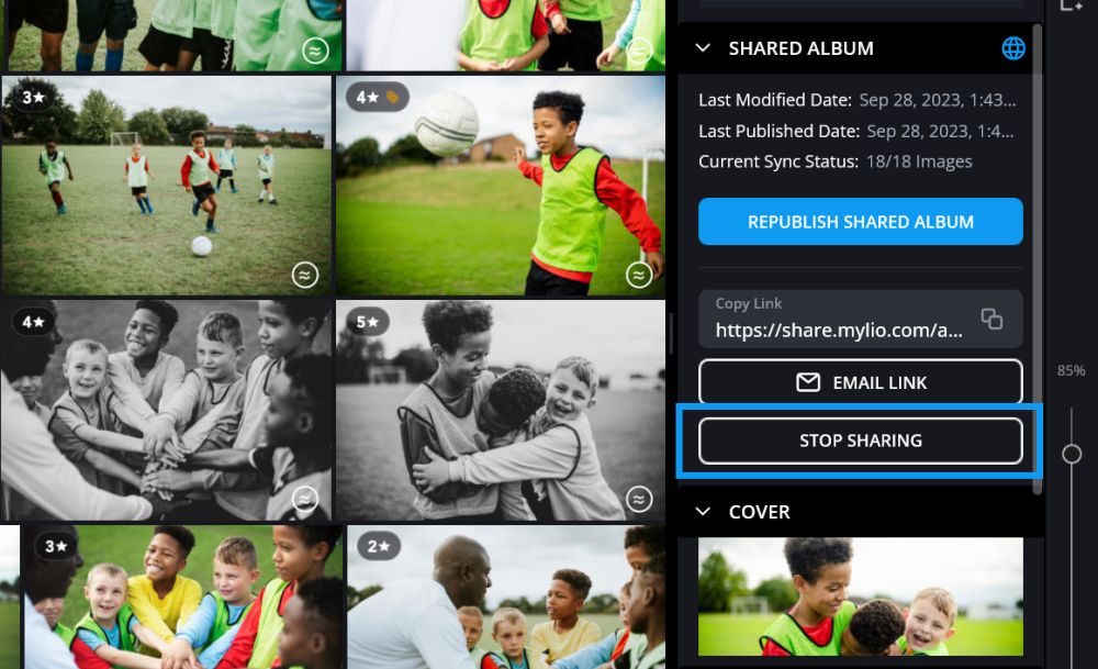 The Info panel for a shared album, with the "Stop Sharing" button outlined in blue below Republish Shared Album and Email Link.