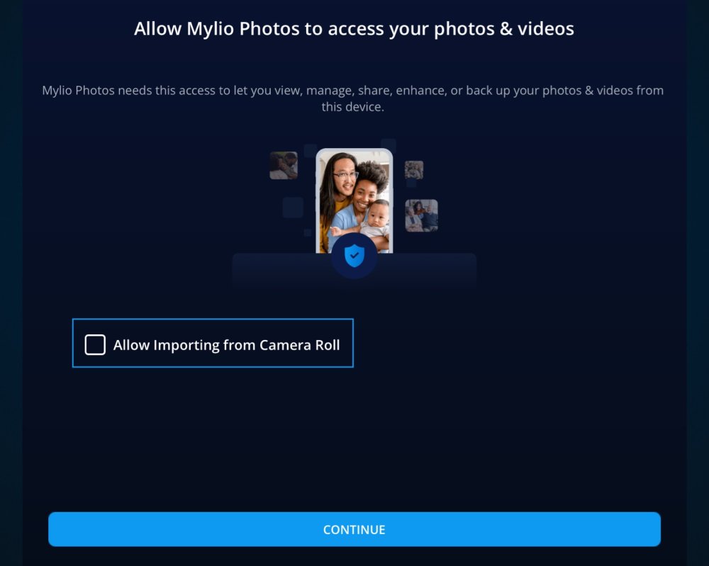 The "Allow Mylio Photos to access your photos & videos" screen, with the "Allow Importing from Camera Roll" checkbox outlined in blue.