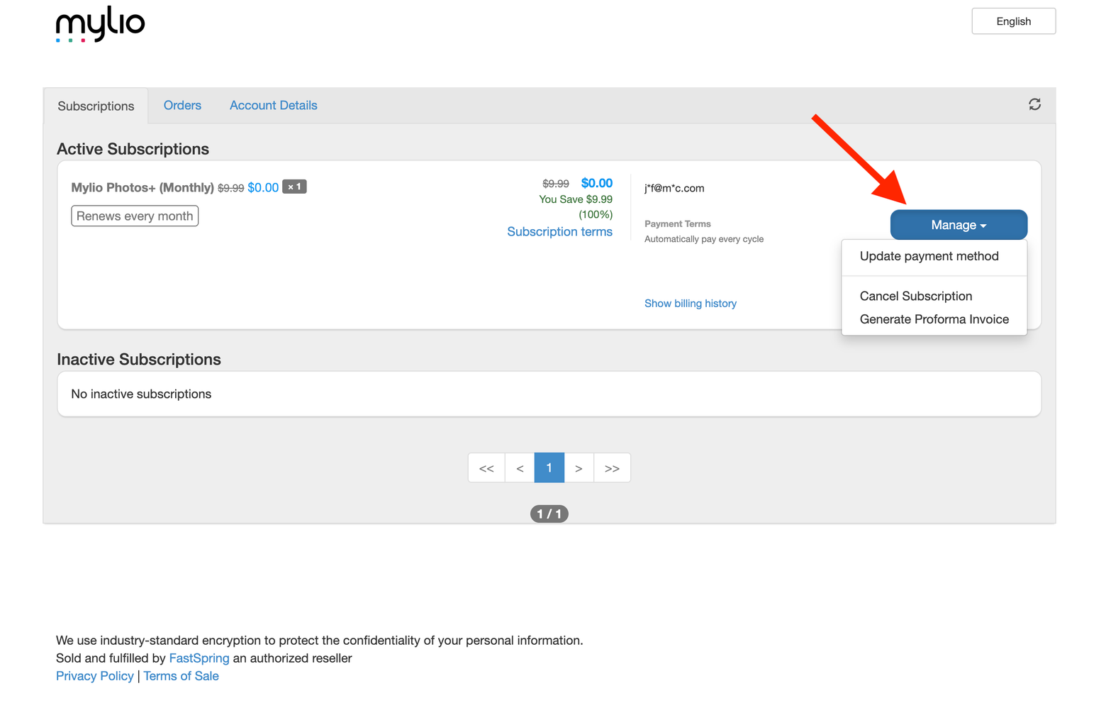 The subscription billing page with the Manage menu open and an arrow pointing to it; "Update payment method" is the first option.