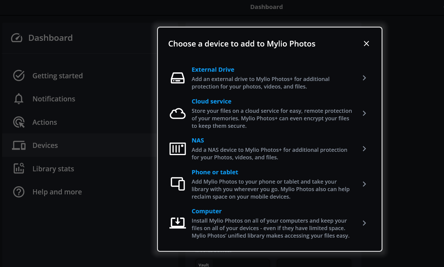 The "Choose a device to add to Mylio Photos" dialog, with options for External Drive, Cloud service, NAS, Phone or tablet, and Computer.