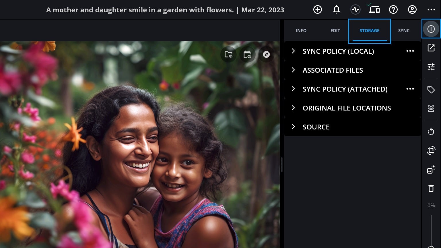 A photo open with the Info panel's Storage tab selected, listing Sync Policy (Local), Associated Files, Sync Policy (Attached), Original File Locations and Source.