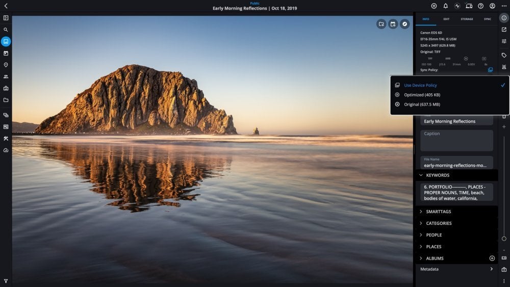 A photo open with the Info panel's Sync Policy menu showing Use Device Policy, Optimized and Original.