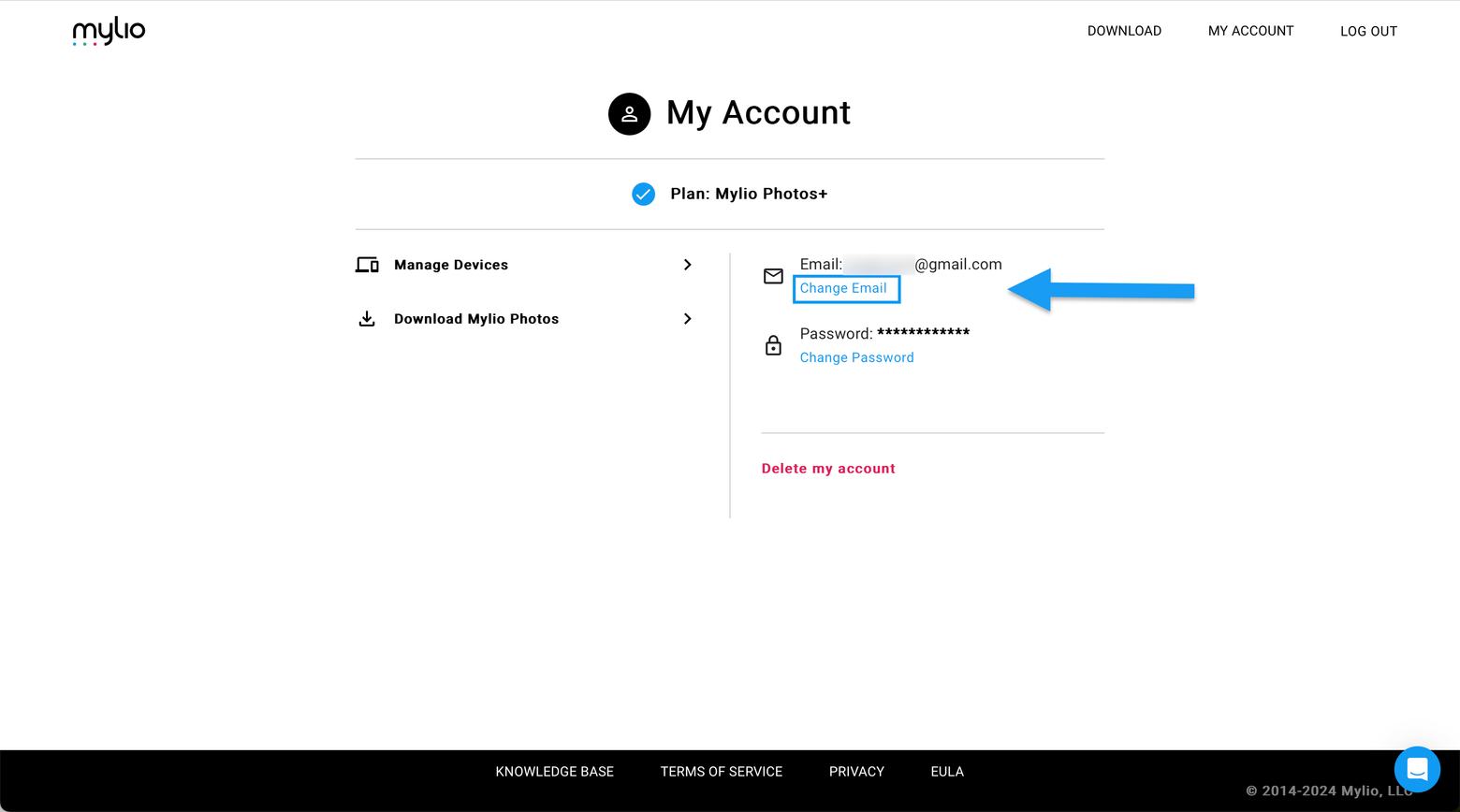 The My Account page on the Mylio website, with an arrow pointing to the "Change Email" link.