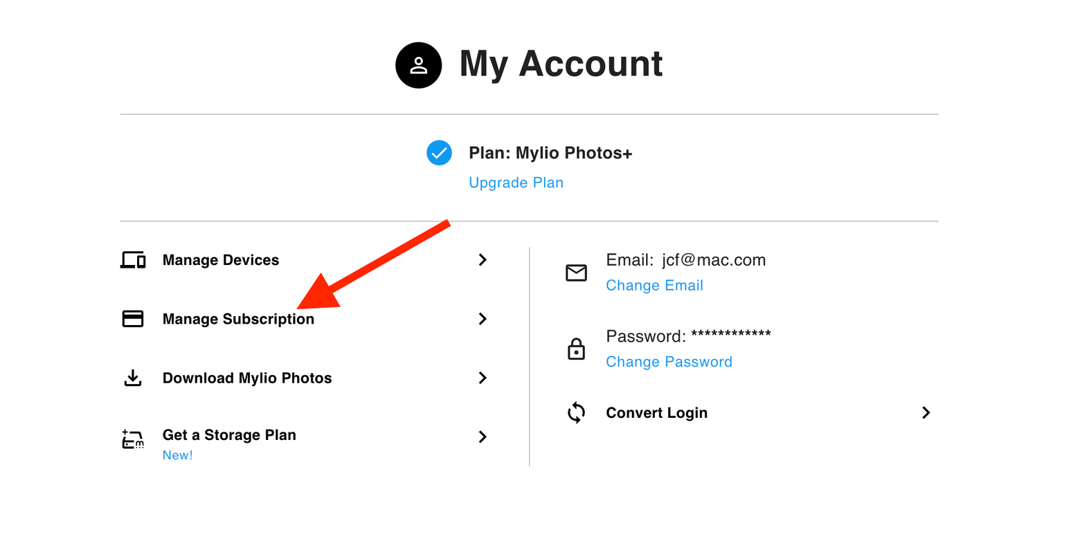 The My Account page on the Mylio website, with an arrow pointing to "Manage Subscription".
