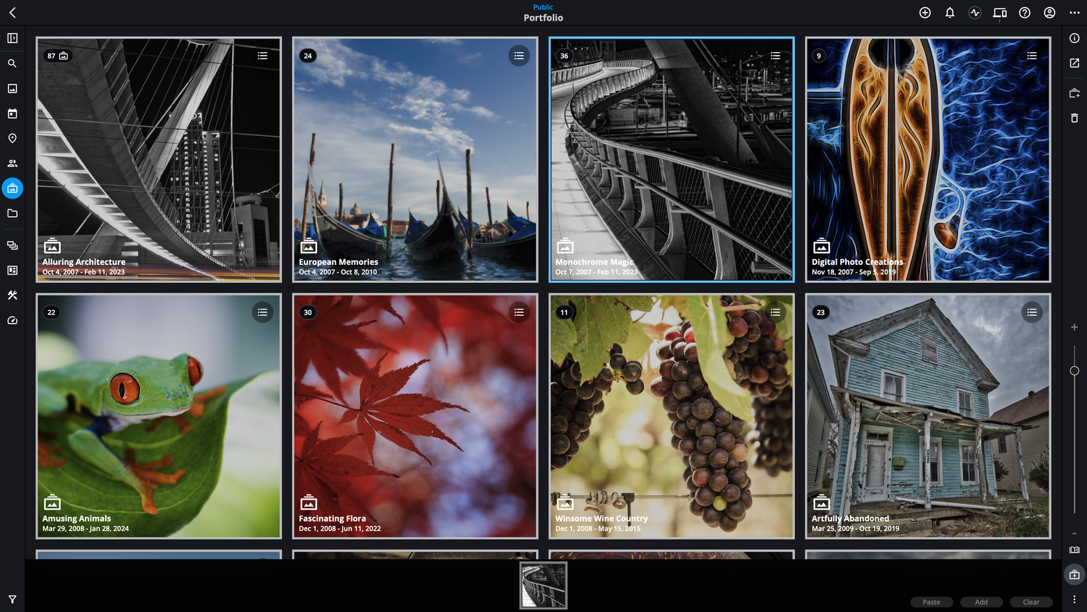The Albums view with an album added to the Mylio Clipboard, shown as a thumbnail in the clipboard tray with Paste, Add and Clear buttons.